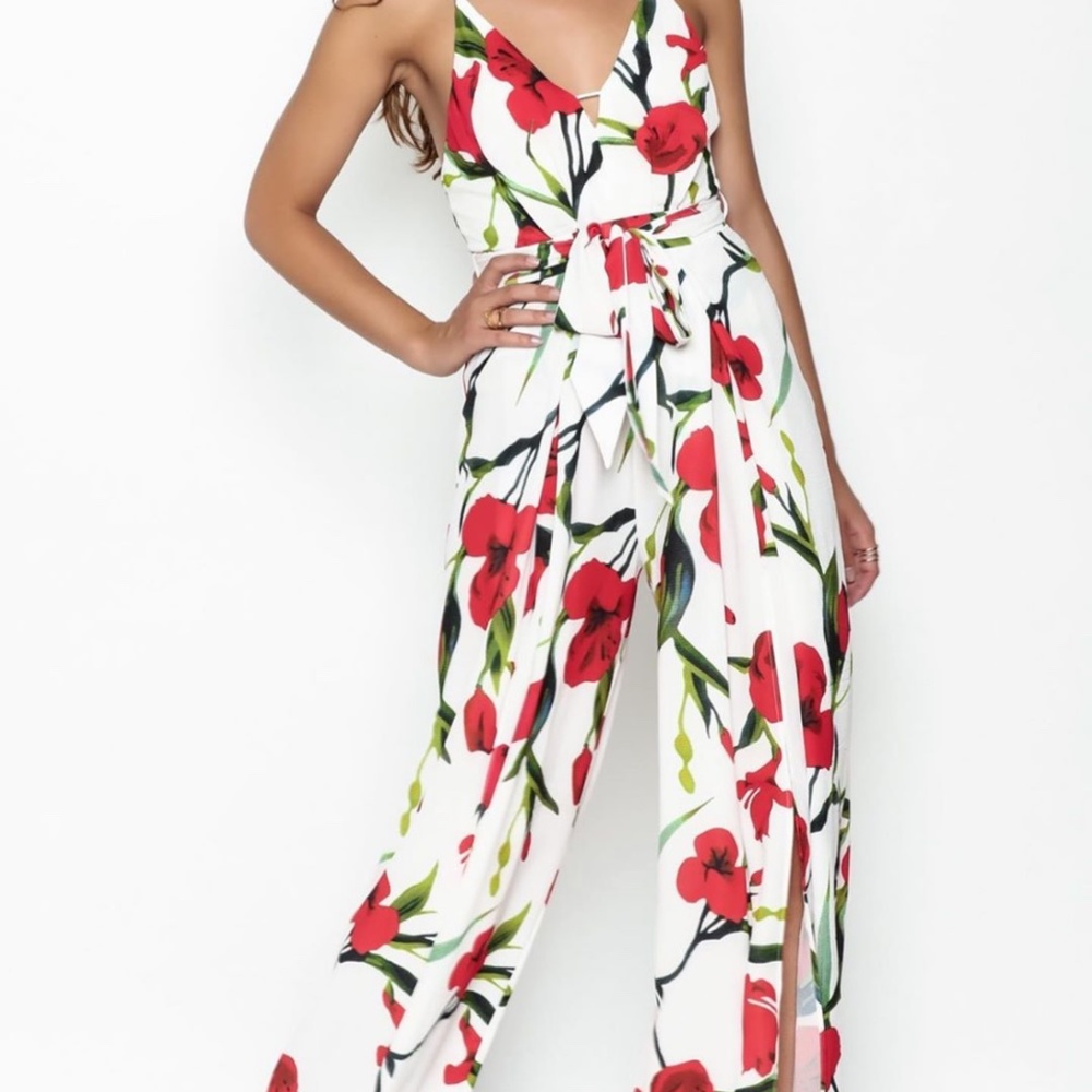 White and Red Floral Jumpsuit